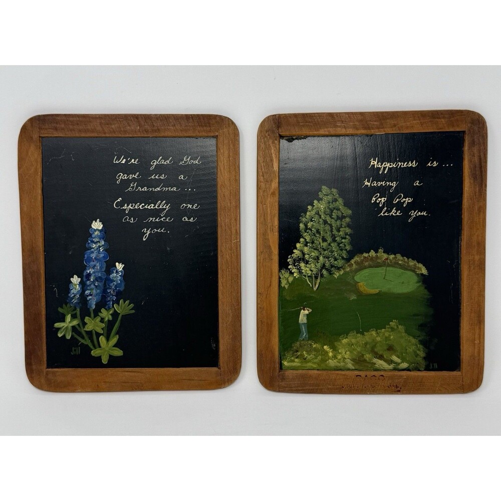Set Of Two Vtg Hand Painted Chalkboard, Wooden Frame 8x10 artist signed